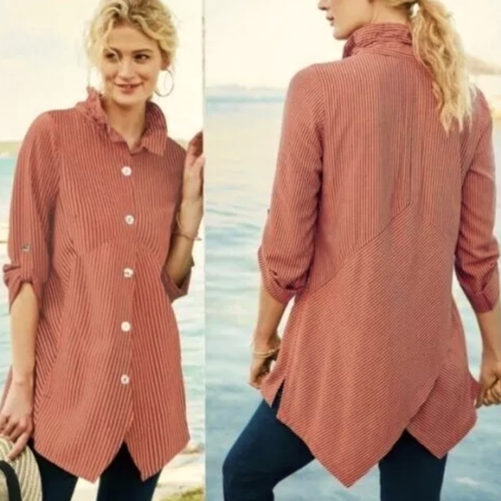 Soft Surroundings Sasha Shirt Button Down Striped Lagenlook Roll Tab Size M